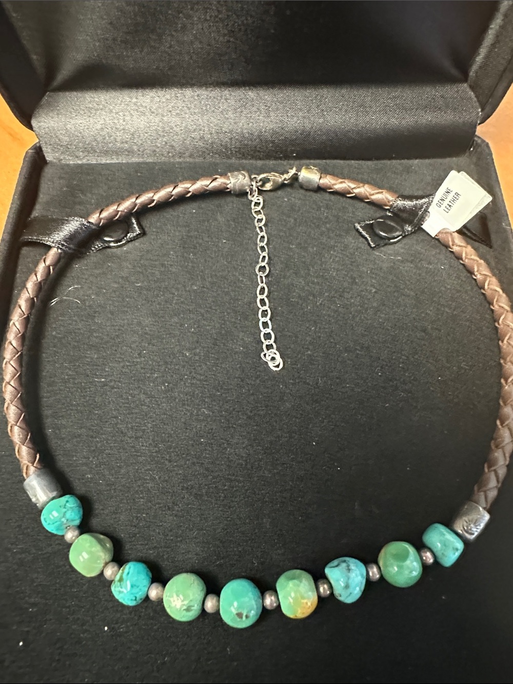 NIB Dakota West Shube Leather Braided Sterling Silver & Turquoise Beads Necklace